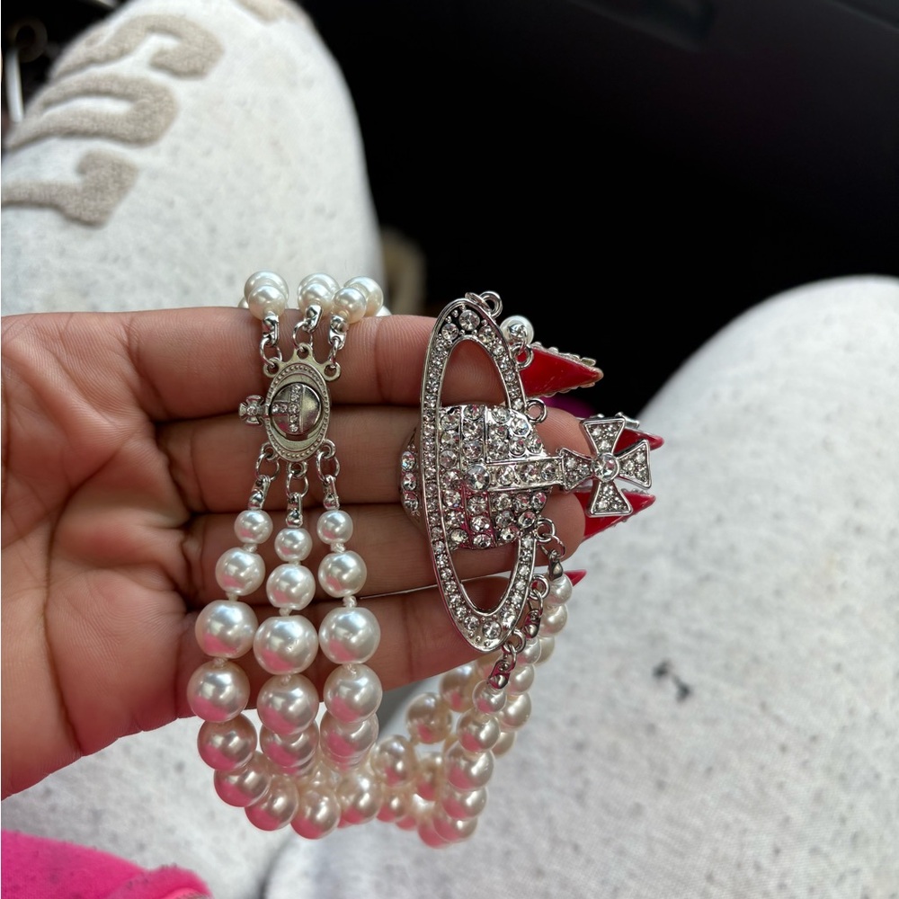Vivienne Westwood Pearl Bracelet with Silver and Crystal Orb